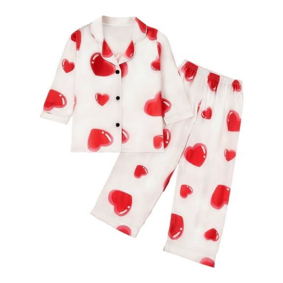 OGLCCG Satin Pajama Set for Kids Boy Girl Long Sleeve Silky Button Down Pajama Sleepwear Tops and Long Cute Hearts Printed Loungewear 4-9 Years