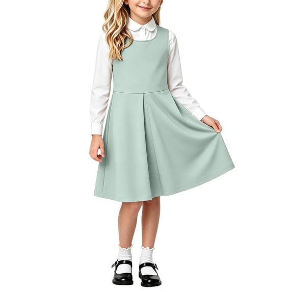 OGLCCG School Uniform Jumper Dress for Girls Kids Sleeveless A-Line Pleated Mini Dress Back to School Clothes Size 5-14(Mint Green,11-12 Years)