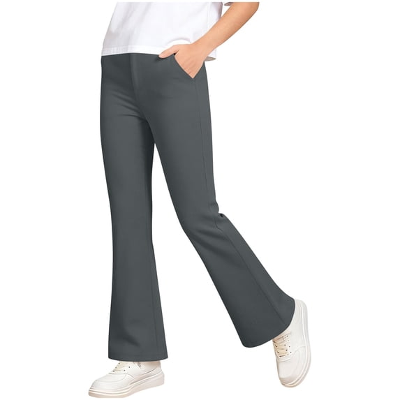 OGLCCG School Uniform Pants for Girls High Waist Flare Leg Dress Pants with Pockets Trendy Solid Color Bell Bottoms for Teen Kids 4-12 Years