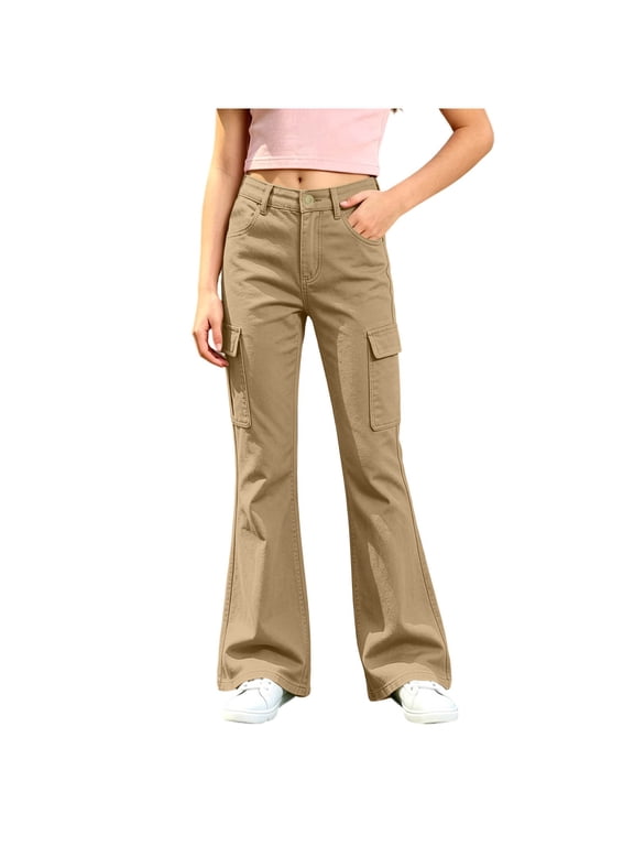 School Uniform Pants for Girls Stretch Flared Leg Pull On Dress Pants with Pockets Tween Girl Skinny Cargo Pants Size 12-13 Khaki