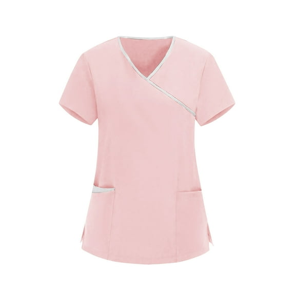 OGLCCG Scrub Tops Women Short Sleeve V-Neck Nurse Uniform Shirts with Pocket Solid Color Lightweight Care Workers Workwear,XXL,Pink