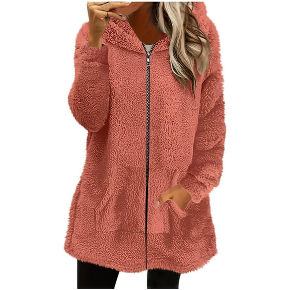 OGLCCG Sherpa Jacket Women Winter Warm Full Zip Up Fuzzy Fleece Coats with Pockets Fashion Solid Color Long Sleeve Soft Hooded Outwear,XL,Orange