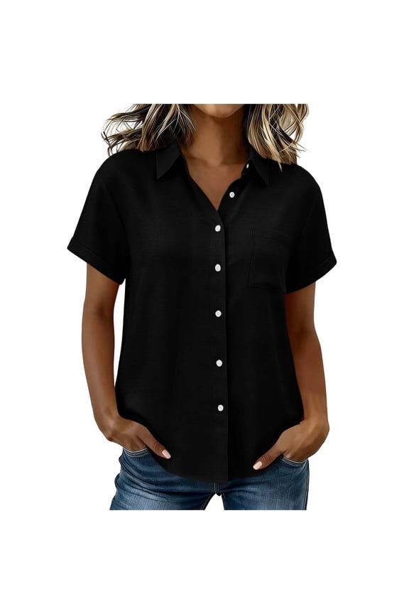 Short Sleeve Button Down Shirts for Women Summer Casual Cotton Linen Tops Loose Fit Collared Blouses Bust Pocket,Black