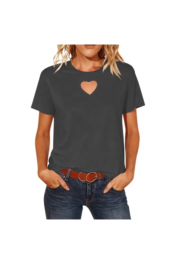 Short Sleeve Tops for Women Heart Keyhole Crew Neck T-Shirt Casual Loose Fit Going Out Basic Solid Color Summer Tees,XL,Dark Gray