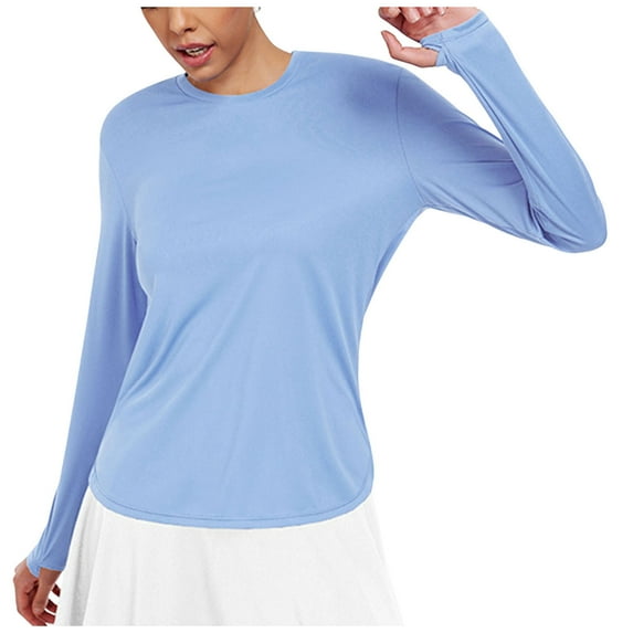OGLCCG Soft Long Sleeve Workout Tops for Women Thumb Holes UV Sun Protection Running Hiking Yoga Shirts Solid Color Breatable Athletic Tops,L,Blue