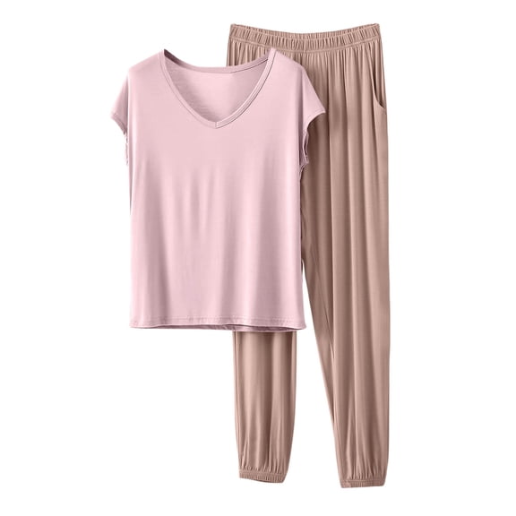 OGLCCG Soft Pajamas Sets for Women Modal Comfy Pjs Lounge Sets 2 Piece V Neck Short Sleeve Pajama Tops and Jogger Pants with Pockets