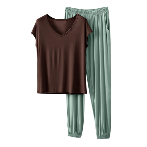 OGLCCG Soft Pajamas Sets for Women Modal Comfy Pjs Lounge Sets 2 Piece V Neck Short Sleeve Pajama Tops and Jogger Pants with Pockets