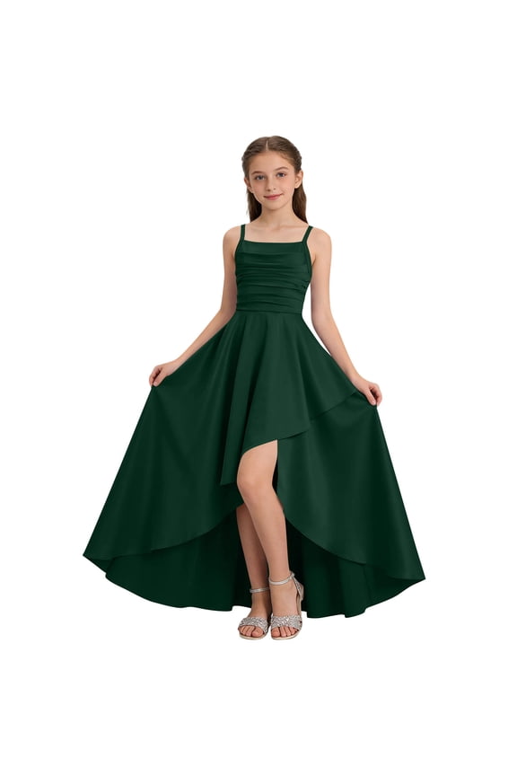 Spaghetti Strap Junior Bridesmaid Dresses Silk Satin Ruffle Slit Flower Girl Dress for Teen Girls Formal Dresses for Girls 5-14 Years