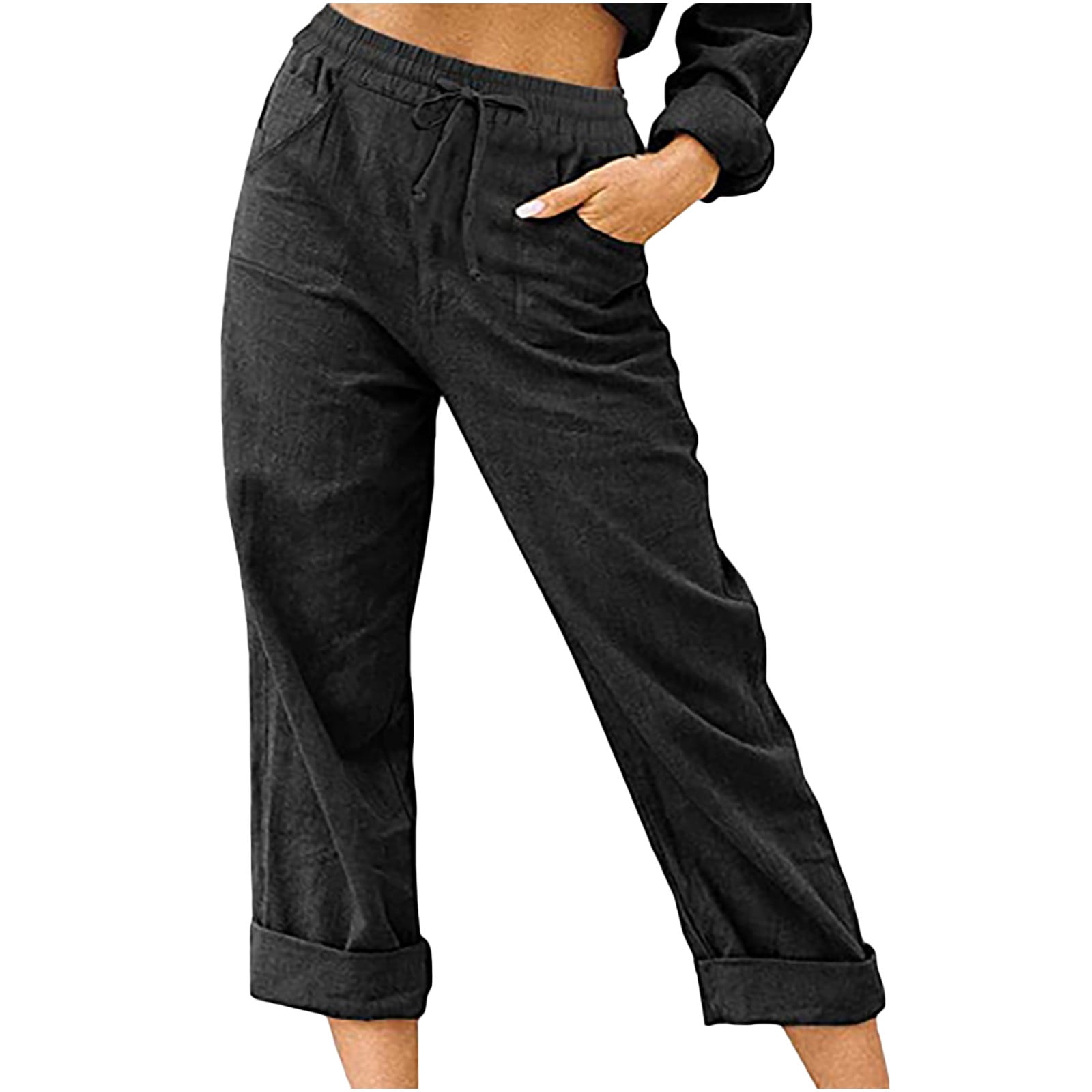 OGLCCG Capri Pants for Women 2023 Summer Casual Cotton Linen Straight Wide  Leg Button High Waist Cropped Pants Fashion Pants with Pockets