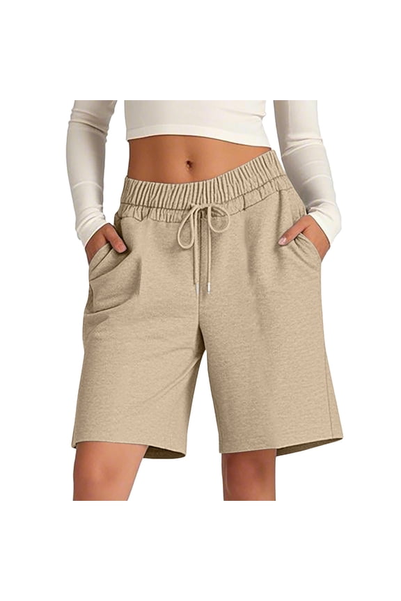 Sweat Shorts Women Summer Casual Workout Athletic Bermuda Long Shorts Loose Wide Leg Lounge Short with Pockets,M,Khaki