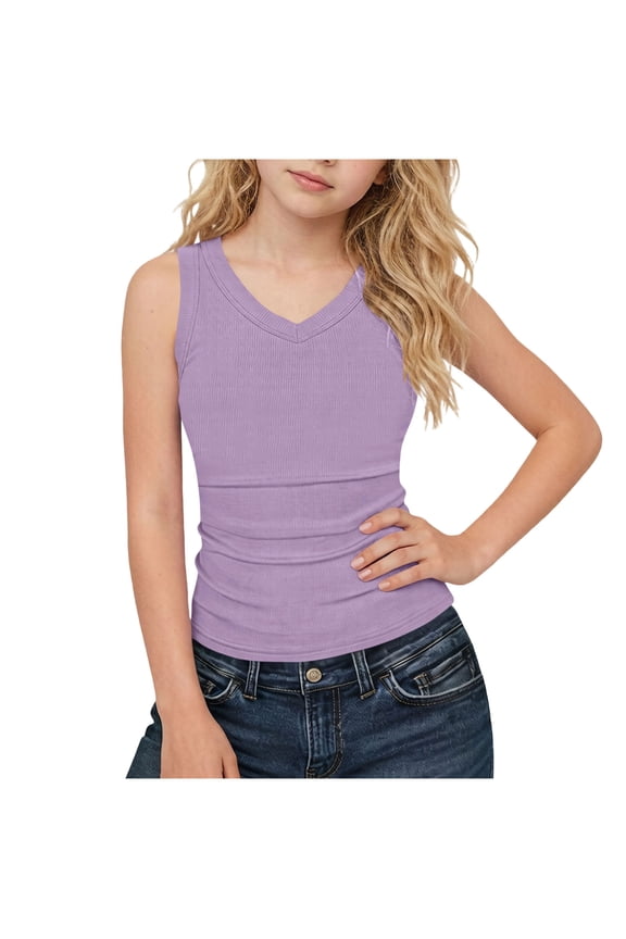 Tank Tops for Girls Tween V Neck Ribbed Knit Slim Fit Sleeveless Basic Tee Tanks Casual Summer Beach Vacation Cami Tops 5-15 Years