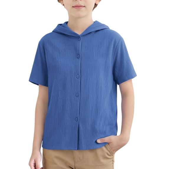 OGLCCG Teen Boys Cotton Linen Hoodies Button Down Short Sleeve Hooded Shirts Summer Breathable Casual Beach Hawaii Shirt 3-13 Years