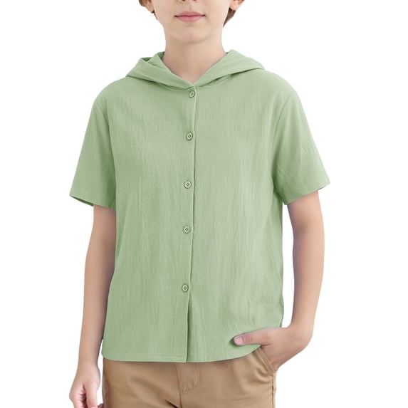 OGLCCG Teen Boys Cotton Linen Hoodies Button Down Short Sleeve Hooded Shirts Summer Breathable Casual Beach Hawaii Shirt 3-13 Years