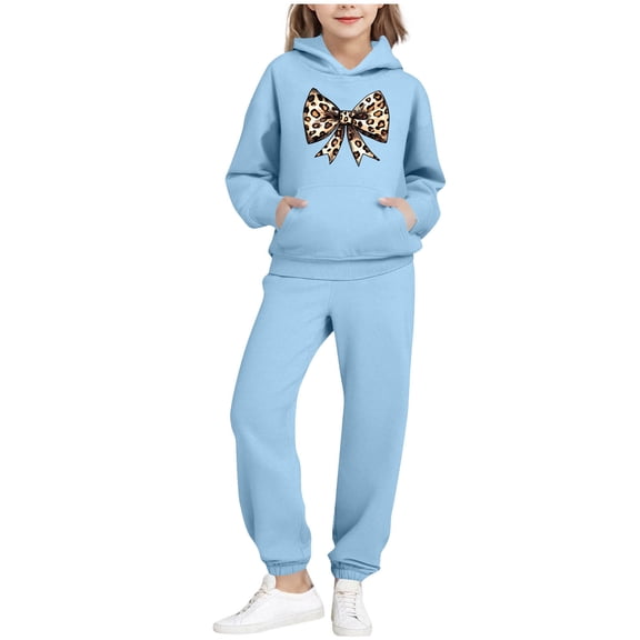 OGLCCG Teen Girls 2 Piece Outfits Trendy Cheetah Print Bow Fleece Lined Hoodie and Sweatpants Fall Winter Sweatsuit Sets with Pockets 2-14 Years