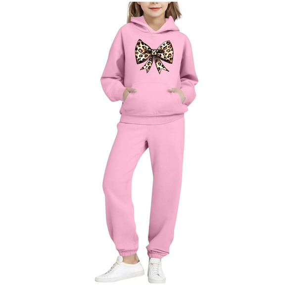 OGLCCG Teen Girls 2 Piece Outfits Trendy Cheetah Print Bow Fleece Lined Hoodie and Sweatpants Fall Winter Sweatsuit Sets with Pockets 2-14 Years