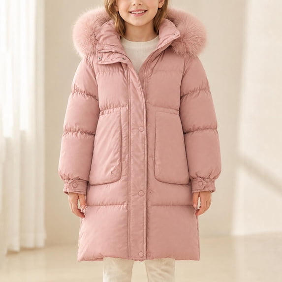 OGLCCG Teen Girls Long Puffer Coat with Faux Fur Hood, Zip‑Up Warm Winter Outerwear Outdoor Padded Jacket for Girls(Pink,9-10 Years)