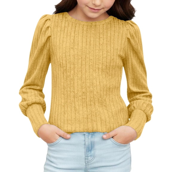 OGLCCG Teen Girls Puff Knit Sweater Shirts Kids Elastic Cuff Ribbed Long Sleeve Blouse Elegant Cute Fashion Solid Stripe Pullover Tops 5-14 Years