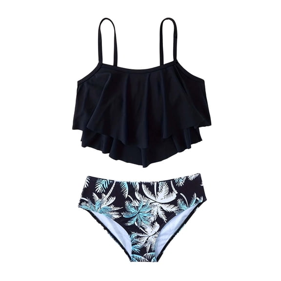 OGLCCG Teen Girls Two Piece Swimsuits Double Ruffle Swimwear Set Fashion Floral Print Spaghetti Straps Tankini and Bathing Suit 7-14 Years