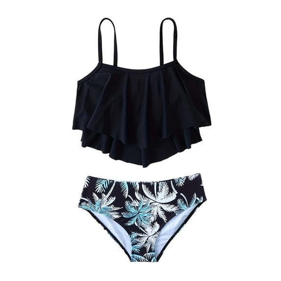 OGLCCG Teen Girls Two Piece Swimsuits Double Ruffle Swimwear Set Fashion Floral Print Spaghetti Straps Tankini and Bathing Suit 7-14 Years