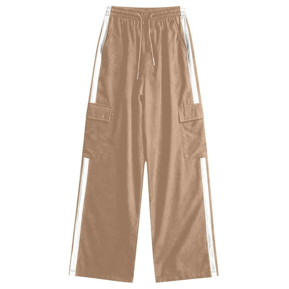 OGLCCG Teens Girl's Cargo Pants Elastic Waist Baggy Straight Wide Leg Track Pants Striped Joggers with Pockets for Athletic Streetwear 5-16 Years