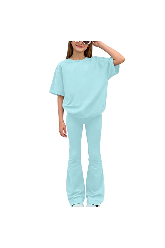 Teens Girls 2 Piece Summer Outfits Short Sleeve Oversized T-Shirt and Flare Pants Set Loose Fit Casaul Clothing Set 8-13 Years