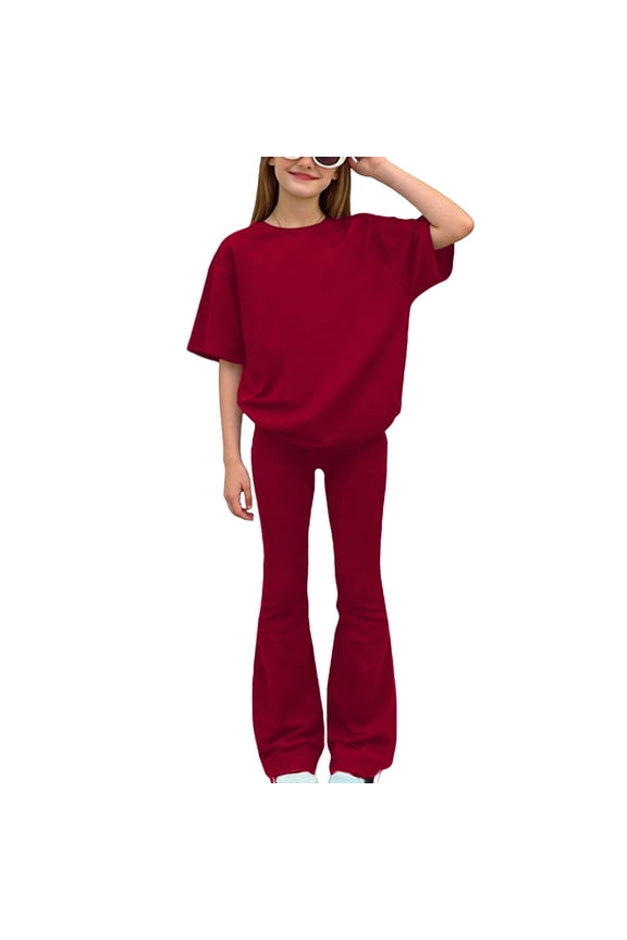 Teens Girls 2 Piece Summer Outfits Short Sleeve Oversized T-Shirt and Flare Pants Set Loose Fit Casaul Clothing Set 8-13 Years