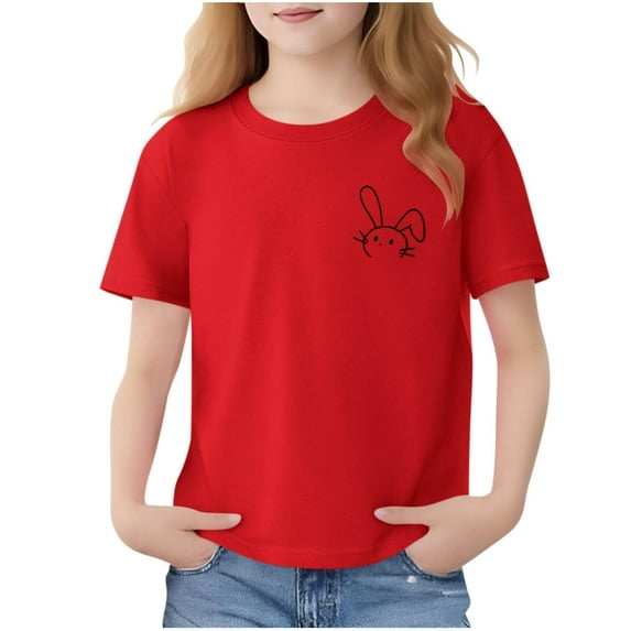 OGLCCG Teens Girls Summer T Shirts Cute Rabbit Print Crewneck Short Sleeve Cotton Tees Tops Loose Fit Summer Lightweight Shirts 2-13 Years