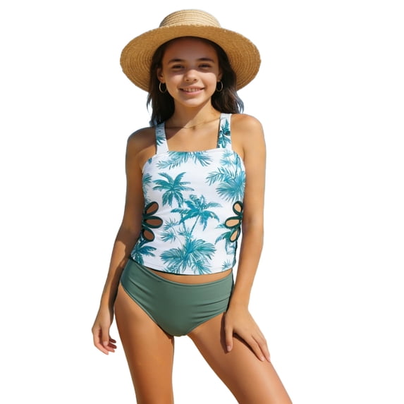 OGLCCG Teens Girls Tankini Sets Square Neck High Waisted Two Piece Bathing Suits Adjustable Straps Crop Top Swimwear and Bikini Bottom 4-13 Years