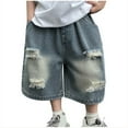 thumbnail image 1 of OGLCCG Toddler Boys Baggy Bermuda Denim Shorts Elastic Waist Ripped Distressed Wide Leg Jean Shorts with Pockets Casual Streetwear Shorts 3-14 Years, 1 of 3