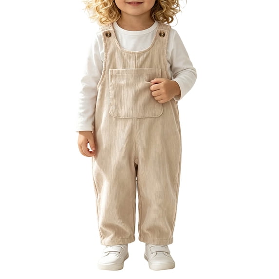 OGLCCG Toddler Corduroy Overalls, Sleeveless Adjustable Button Strap Jumpsuit with Big Front Pocket for Baby Boys Girls(Beige,9-12 Months)