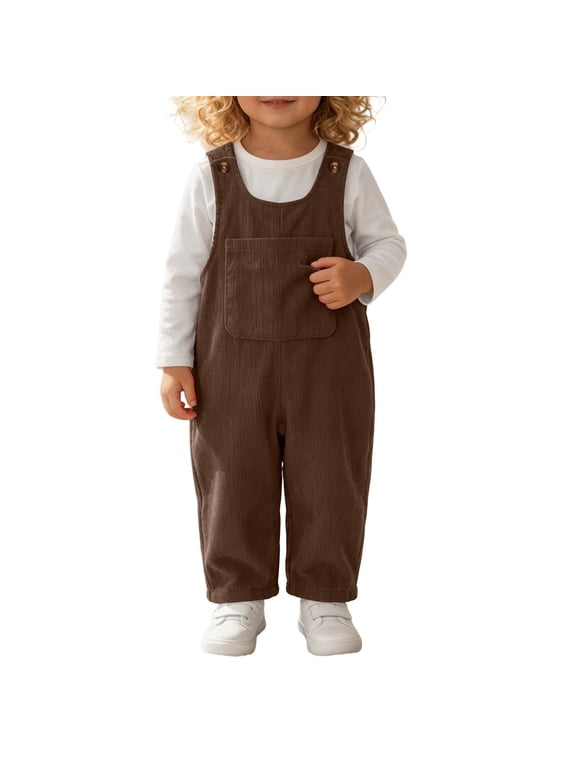 Toddler Corduroy Overalls, Sleeveless Adjustable Button Strap Jumpsuit with Big Front Pocket for Baby Boys Girls(Brown,2-3 Years)
