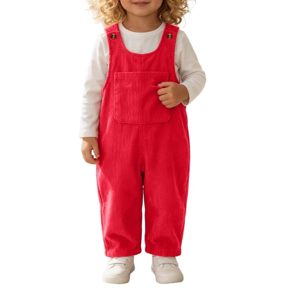 OGLCCG Toddler Corduroy Overalls, Sleeveless Adjustable Button Strap Jumpsuit with Big Front Pocket for Baby Boys Girls(Red,3-4 Years)