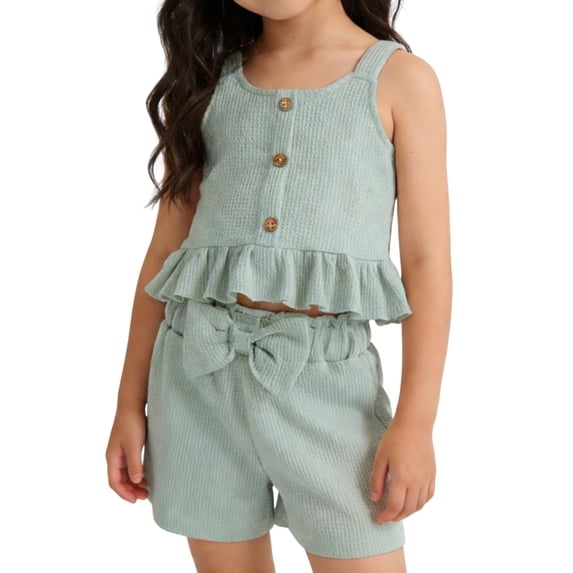 OGLCCG Toddler Girl Summer Outfits Ruffles Hem Sleeveless Waffle Tank Tops and Elastic Waist Shorts 2Pcs Cute Clothes Set 0-4 Years