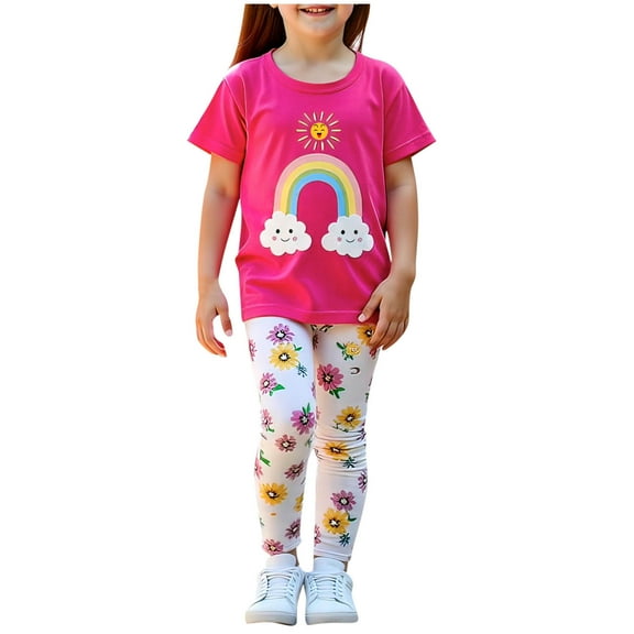 OGLCCG Toddler Girls Cotton Clothing Sets Short Sleeve Appliques Printing T-Shirt and Leggings Set Summer Casual 2 Piece Outfit Set 3-8 Years