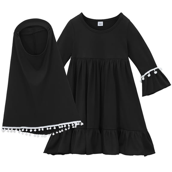 OGLCCG Toddler Girls Muslim Abaya Prayer Dress with Hijab Islamic Middle East Arab Ruffle Dress Soft Cotton Ramadan Eid Clothes 6M-8T