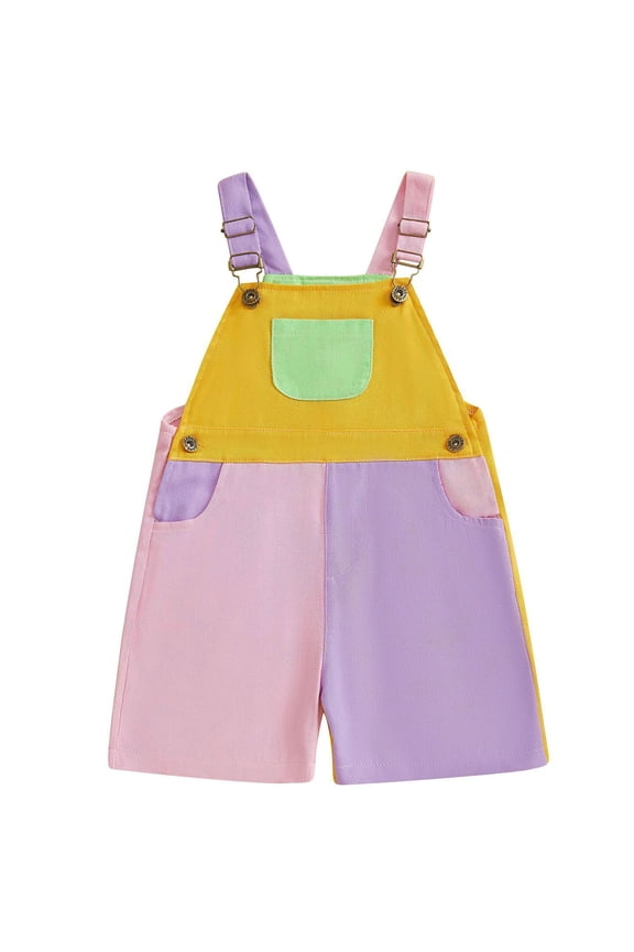Toddler Kids Rainbow Patchwork Overalls Shorts Adjustble Shoulder Strap Cotton Shortalls with Pocket for Boys Girls Summer Jumpsuit Workwear