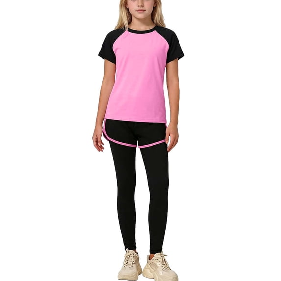 OGLCCG Tween Girl's 2 Piece Workout Outfits Color Block Short Sleeve Tees and Fake Two Piece Yoga Legging Lightweight Summer Outfits 3-15 Years