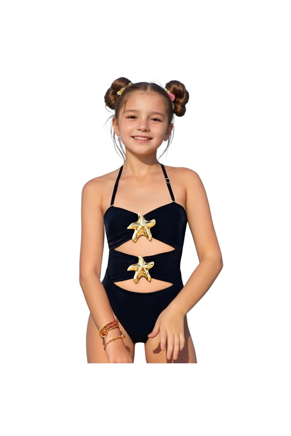 Tween Girl's One Piece Swimsuits Metal Starfish Ruched Cut Out Halter Bathing Suits Fashion Summer Beachwear Swimwear 7-16 Years