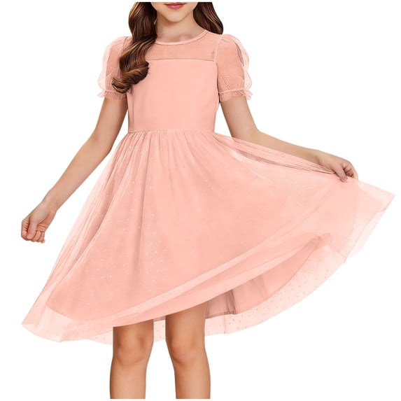 OGLCCG Tween Girls Dress Contrast Mesh Puffy Short Sleeve A Line Casual Lace Flowy Sundress Crewneck Swing Party Birthday Dress 5-16 Years