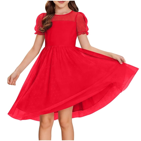 OGLCCG Tween Girls Dress Contrast Mesh Puffy Short Sleeve A Line Casual Lace Flowy Sundress Crewneck Swing Party Birthday Dress 5-16 Years