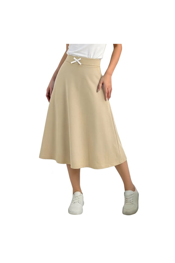 Tween Girls Pleated Midi Skirts Stretchy High Waisted Bow Tie A-Line Flare Skater Skirt Summer Solid Color Flowy Skirts 5-15 Years