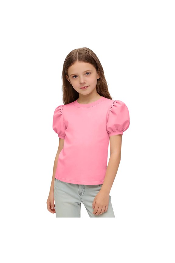 Tween Girls Puff Short Sleeve Shirts Summer Crewneck T Shirt Trendy Solid Color Classic Tees Tops 7-13 Years