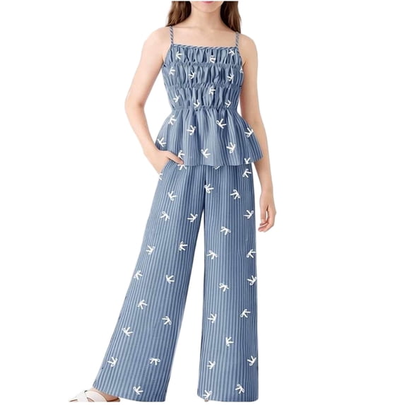 OGLCCG Tween Girls Summer 2 Piece Set Ruffle Cami Top and Wide Leg Pants with Pockets Bow Printed Lounge Outfit Size 5-15 Years