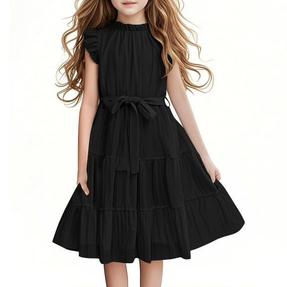 OGLCCG Tween Girls Summer Dress Formal Ruffle Sleeve A Line Casual Elegant Dresses with Belt Loose Fit Tiered Princess Dress 5-16 Years