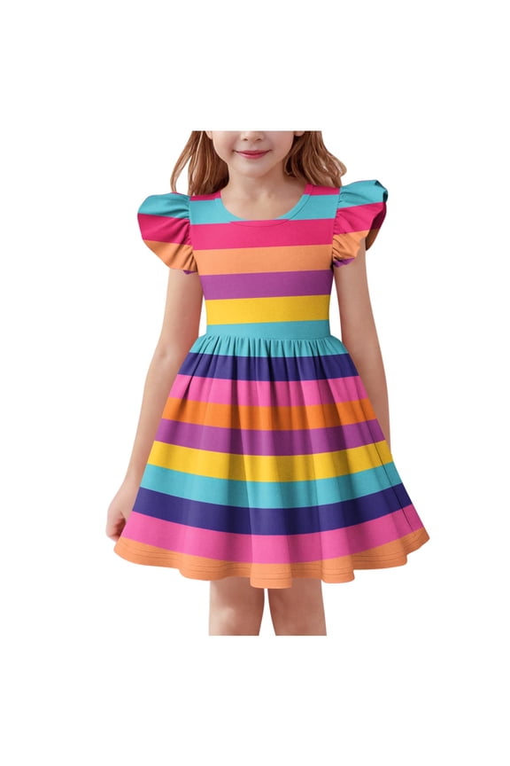 Tween Girls Summer Dresses Ruffle Sleeve Casual Party Pleated Midi Dresses Rainbow Stripes Loose Flowy A Line Sundress 3-14 Years