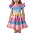 thumbnail image 1 of OGLCCG Tween Girls Summer Dresses Ruffle Sleeve Casual Party Pleated Midi Dresses Rainbow Stripes Loose Flowy A Line Sundress 3-14 Years, 1 of 1