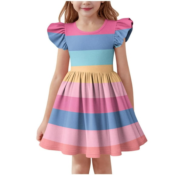 OGLCCG Tween Girls Summer Dresses Ruffle Sleeve Casual Party Pleated Midi Dresses Rainbow Stripes Loose Flowy A Line Sundress 3-14 Years