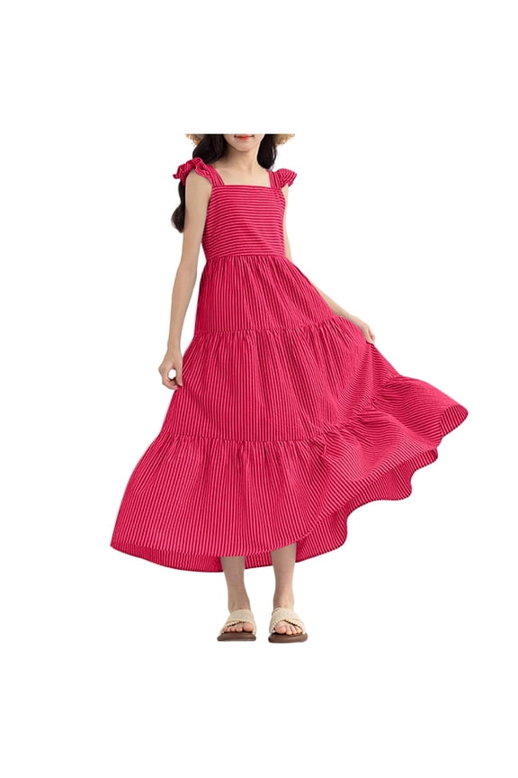 Tween Girls Summer Striped Maxi Dress Square Neck Flowy Smocked A Line Long Dress Casual Flutter Sleeve Vacation Sundress 7-16 Years