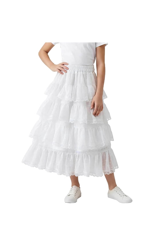 Tween Girls Tulle Skirts Elastic High Waisted A Line Layered Ruffles Lace Long Tiered Tutu Skirt Party Maxi Skirts 3-14 Years