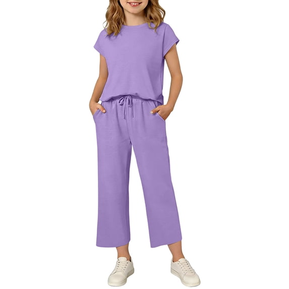 OGLCCG Two Piece Sets for Girls Summer Vacation Beach Travel Outfits Cap Sleeve T Shirts and Pants Lounge Matching Sets with Pockets 4-14 Years